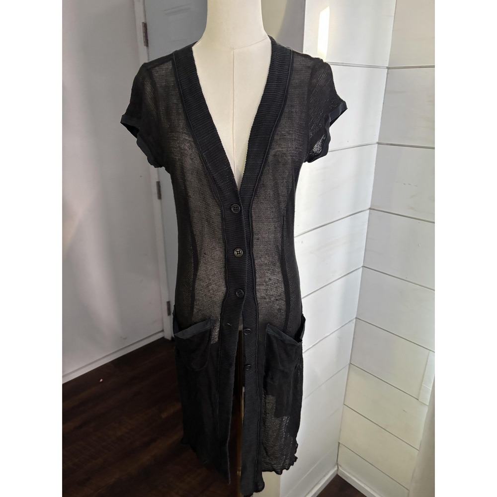 Transit‎ Par Such Cardigan Womens 162 Black Linen Blend Sheer Long Duster Knit